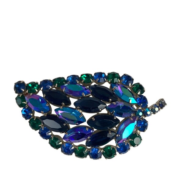 Vintage Stunning Leaf Shaped Brooch Blue Peacock Navette Rhinestone AB Borealis - Picture 1 of 8